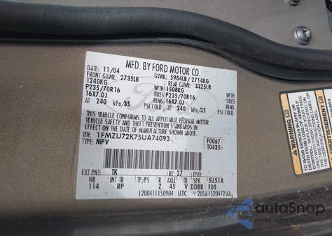 2005 Ford Explorer Xls/Xls Sport из США, поврежденный, VIN 1FMZU72K75UA74093